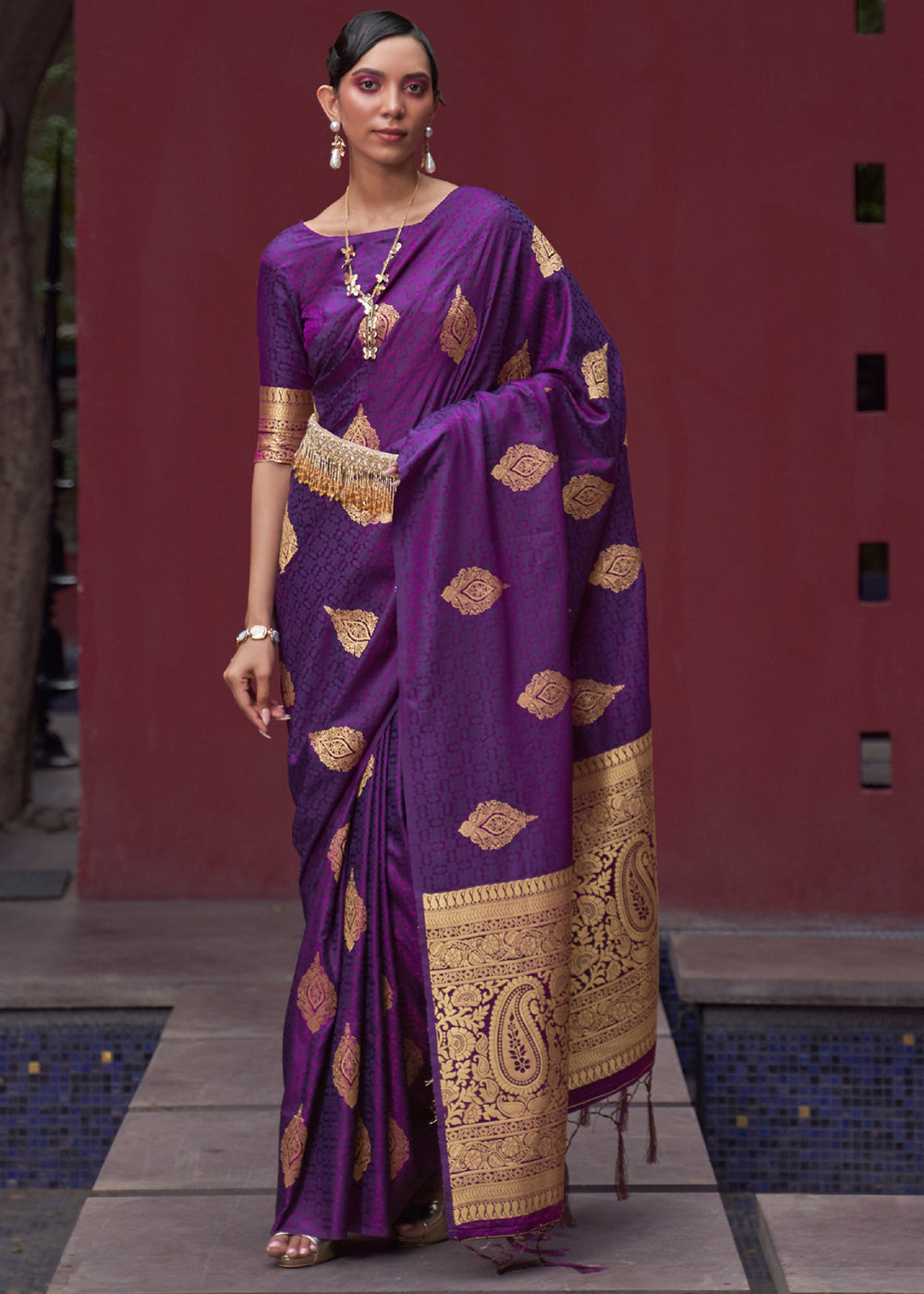 Dark Purple Woven Banarasi Satin Silk Saree