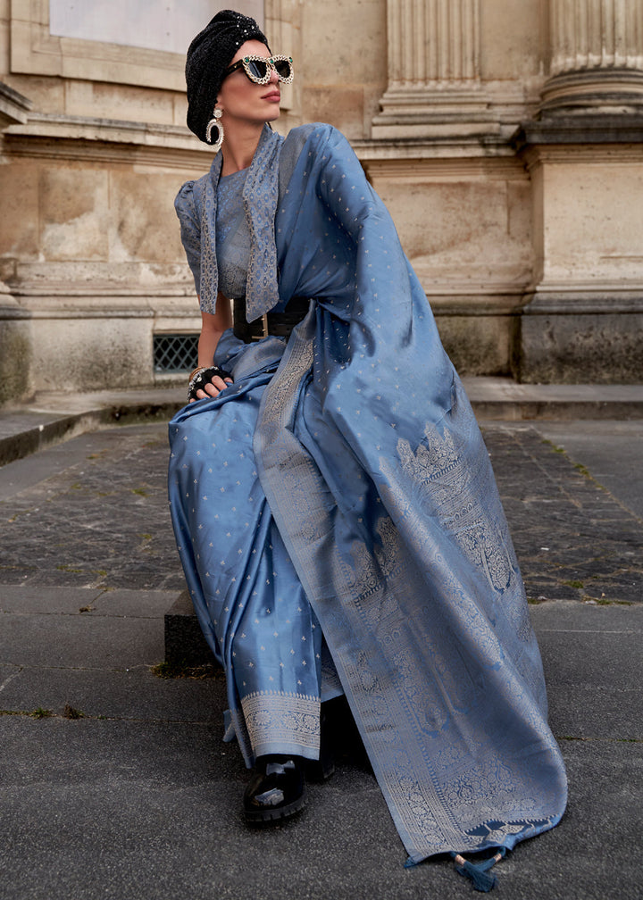 Greyish Blue woven Satin silk saree with brocade blouse