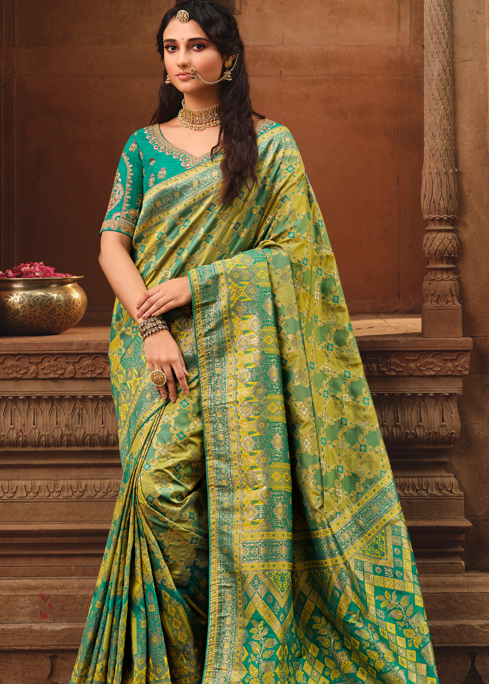 Lime Green Woven Banarasi Silk Saree With Embroidery Designer Blouse