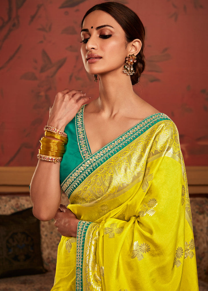 Lemon Yellow Designer Soft Pure Dola Silk Saree