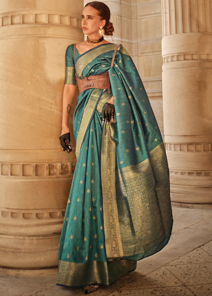 Teal Green handloom Weaving khadi silk saree