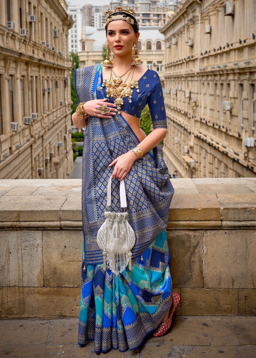 Princess Blue Printed Patola Saree With Blouse