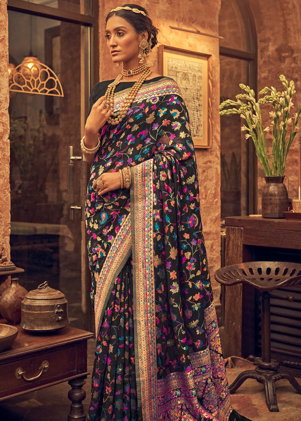 Royal Black Kashmiri Woven Banarasi Saree