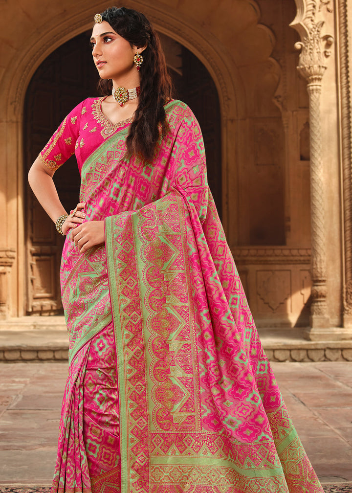 Pink Woven Banarasi Silk Saree With Embroidery Designer Blouse