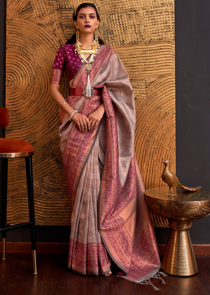 Almond Brown Chaap Handloom Weaving Silk Saree With Brocade Blouse