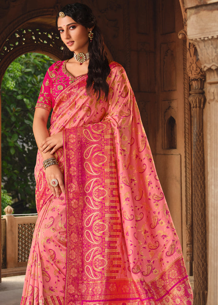 Peach Pink Woven Banarasi Silk Saree With Embroidery Designer Blouse