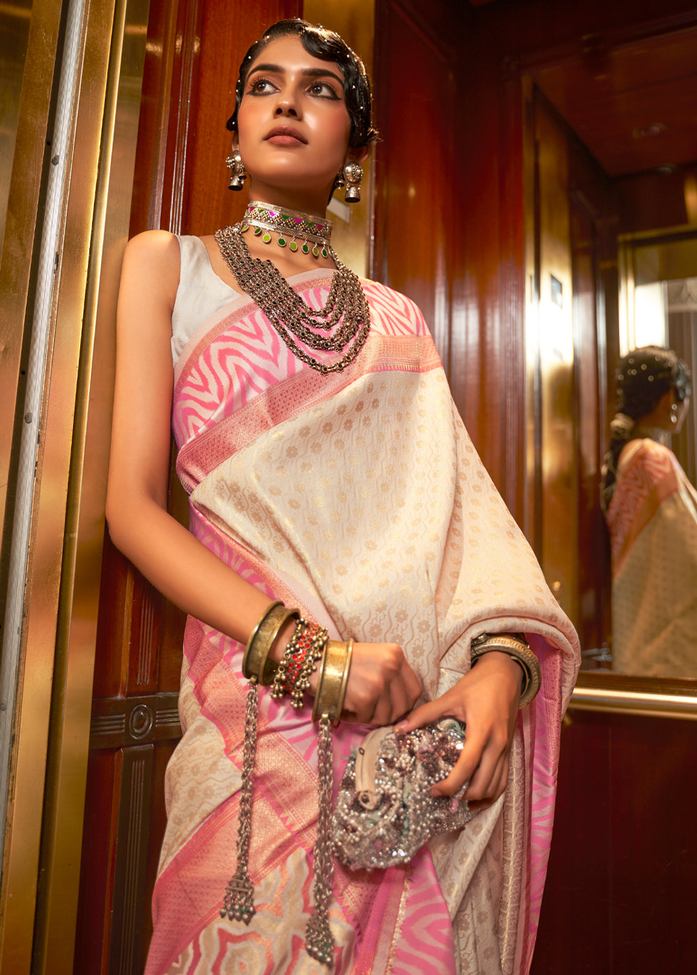 Off White/Pink  Woven Banarasi Silk Saree