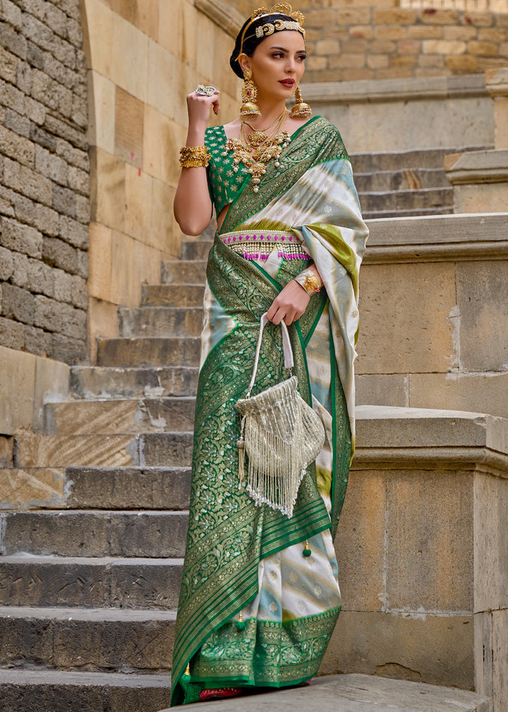 White and Green Printed Patola Saree With Blouse