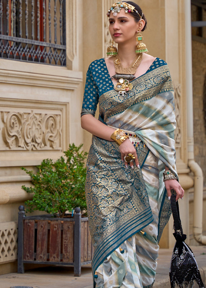 Grey and Teal Blue Printed Patola Saree With Blouse