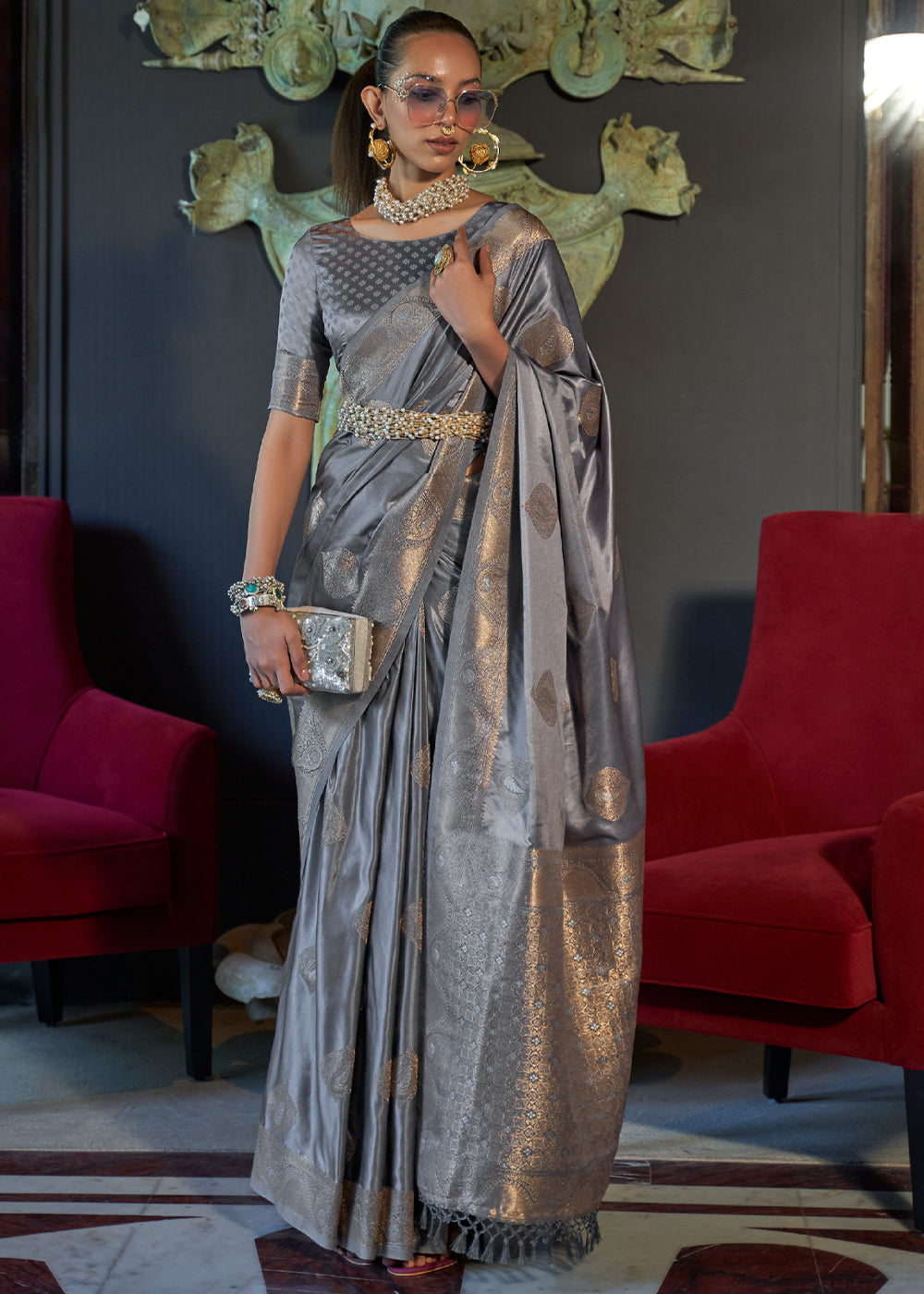 Silver Grey Satin Handloom Weaving Silk Saree