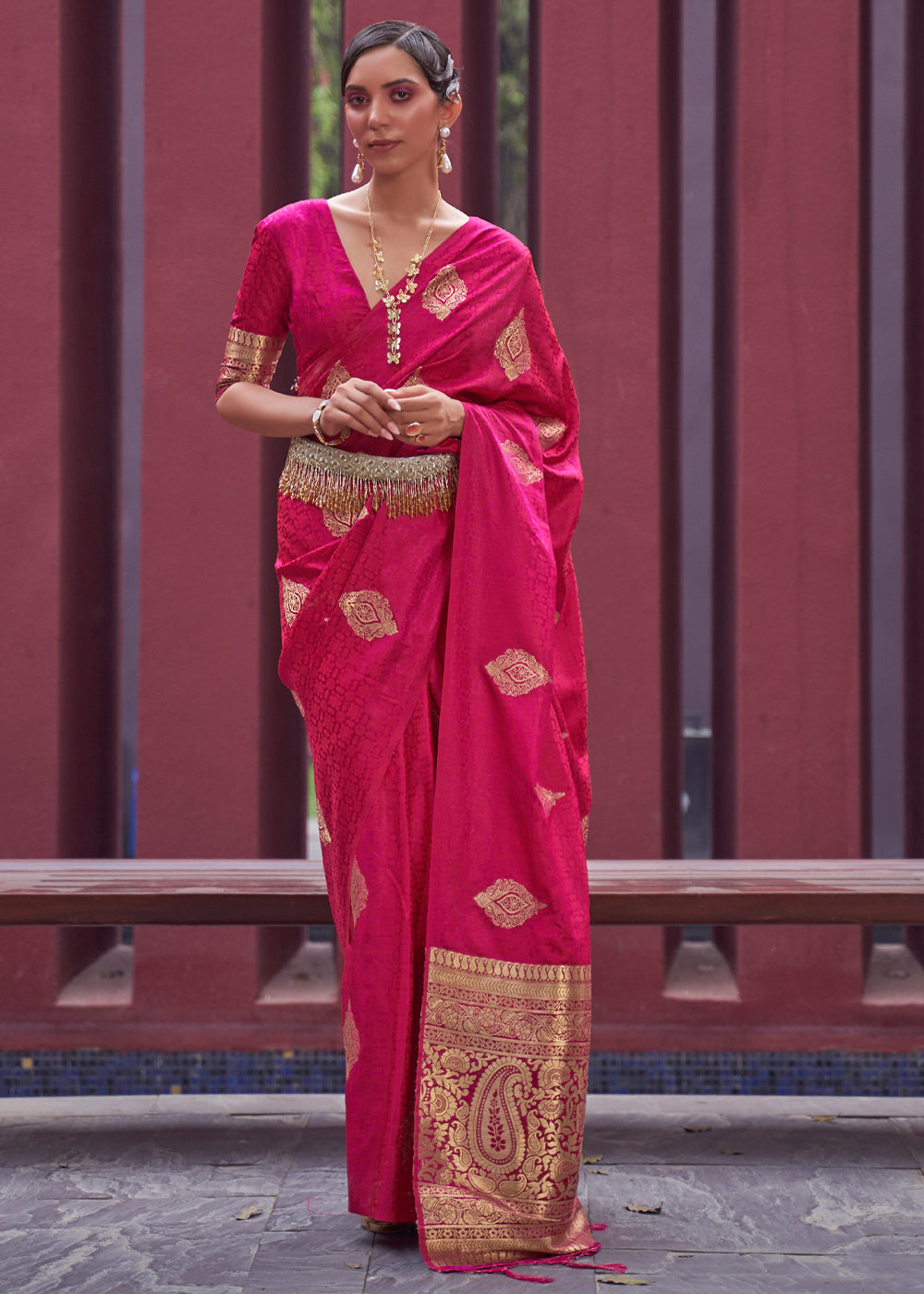 Pink Woven Banarasi Satin Silk Saree