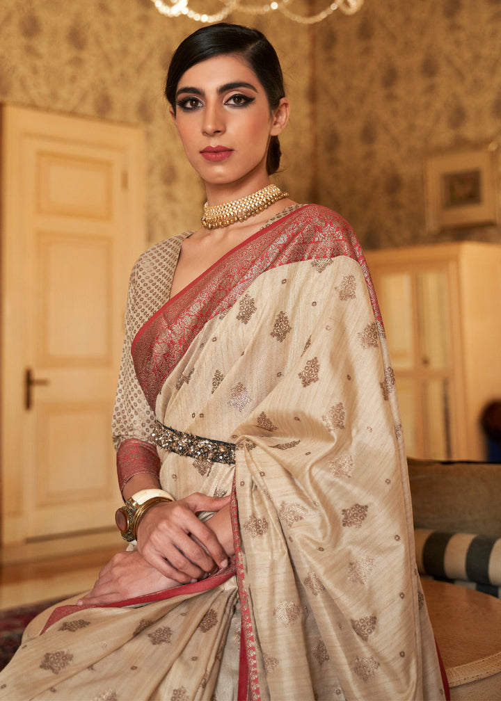 Beige Woven Tussar Silk Saree With Brocade Blouse