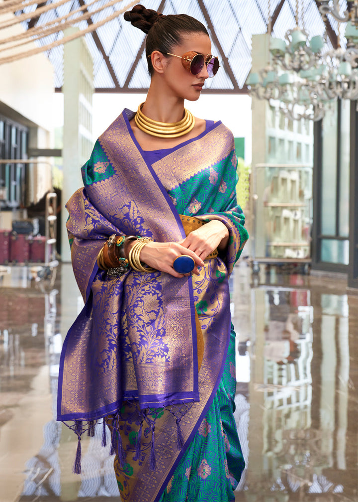 Teal Blue Handloom Woven Silk Saree