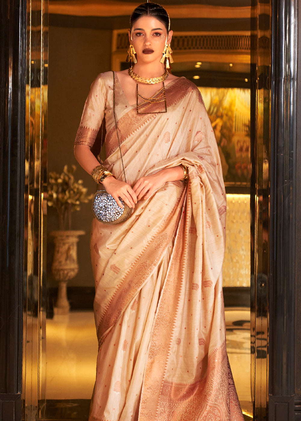 Royal Beige Zari Handloom Woven Tussar Silk Saree