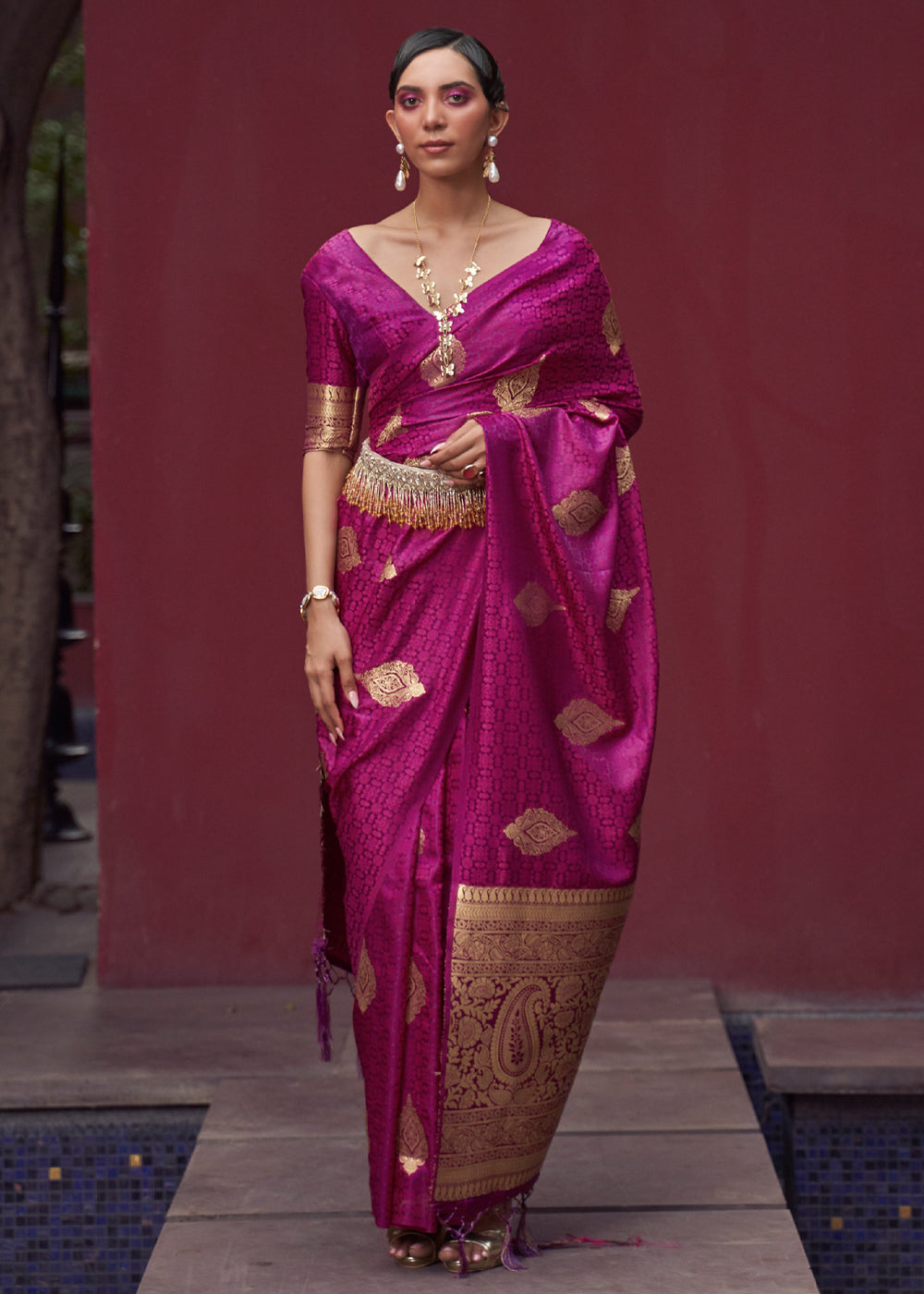 Magenta Purple Woven Banarasi Satin Silk Saree