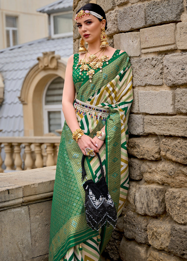 Festive Green Printed Patola Saree With Blouse