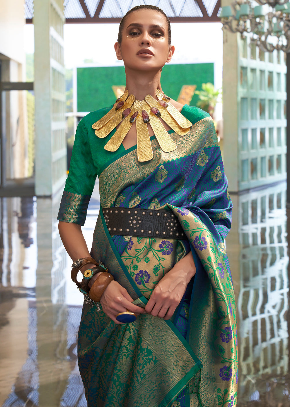 Blue and Green Handloom Woven Silk Saree