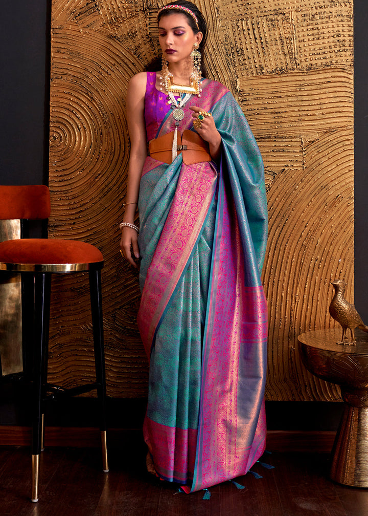 Blue Chaap Handloom Weaving Silk Saree With Brocade Blouse