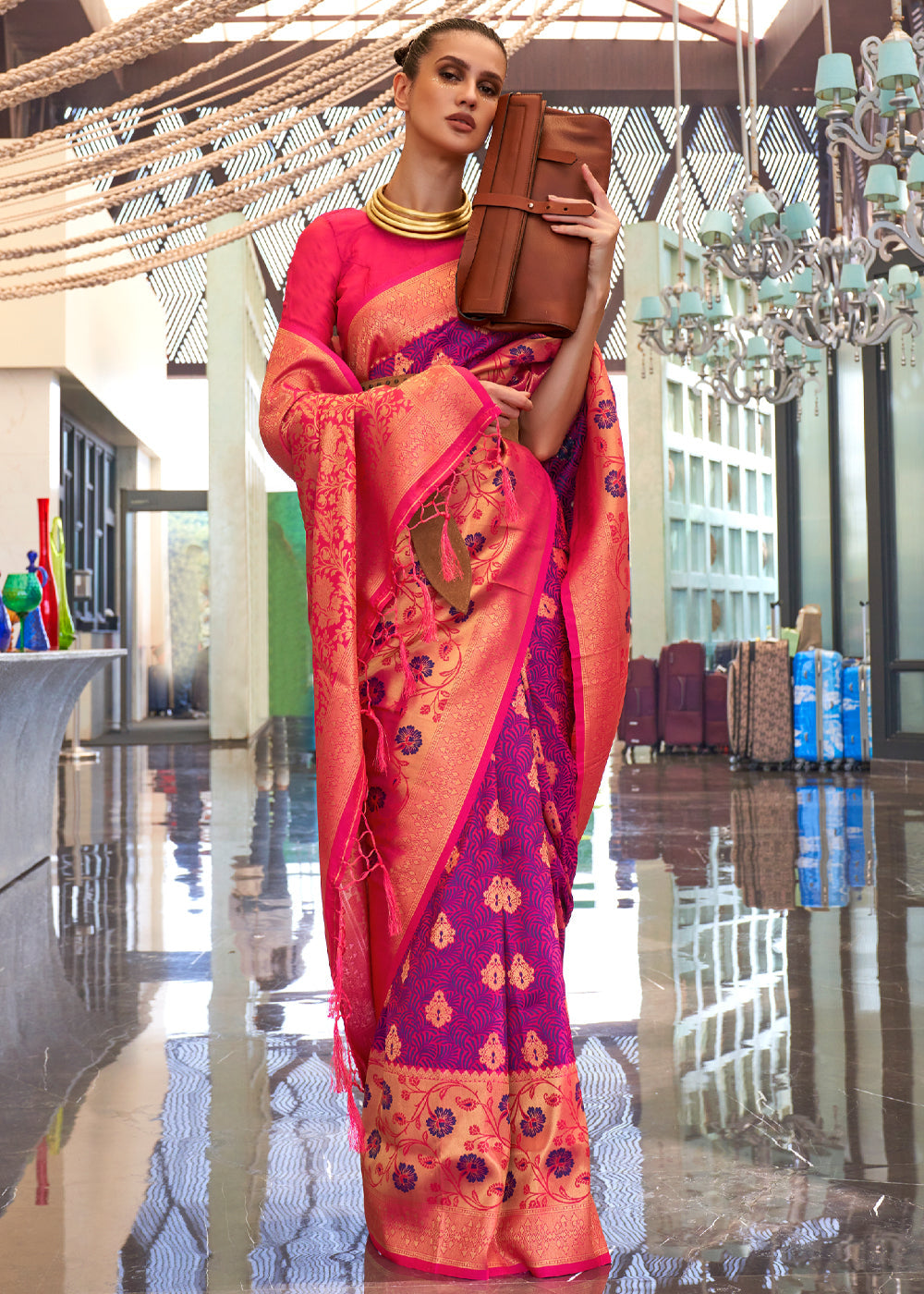 Purple and Pink Handloom Woven Silk Saree