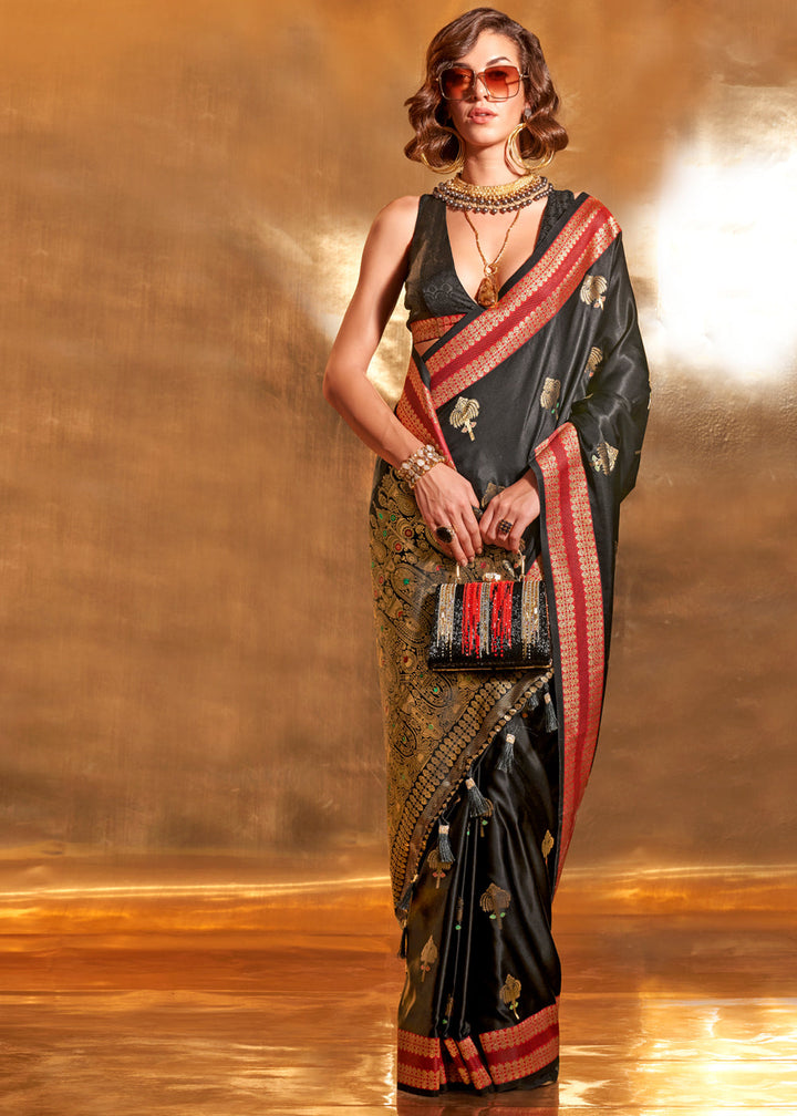 Black Pure Satin Chaap Handloom Weaving Silk Saree