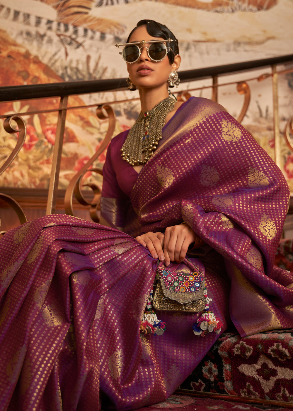 Purple Nylon Chinon Two Tone Weaving Silk Saree