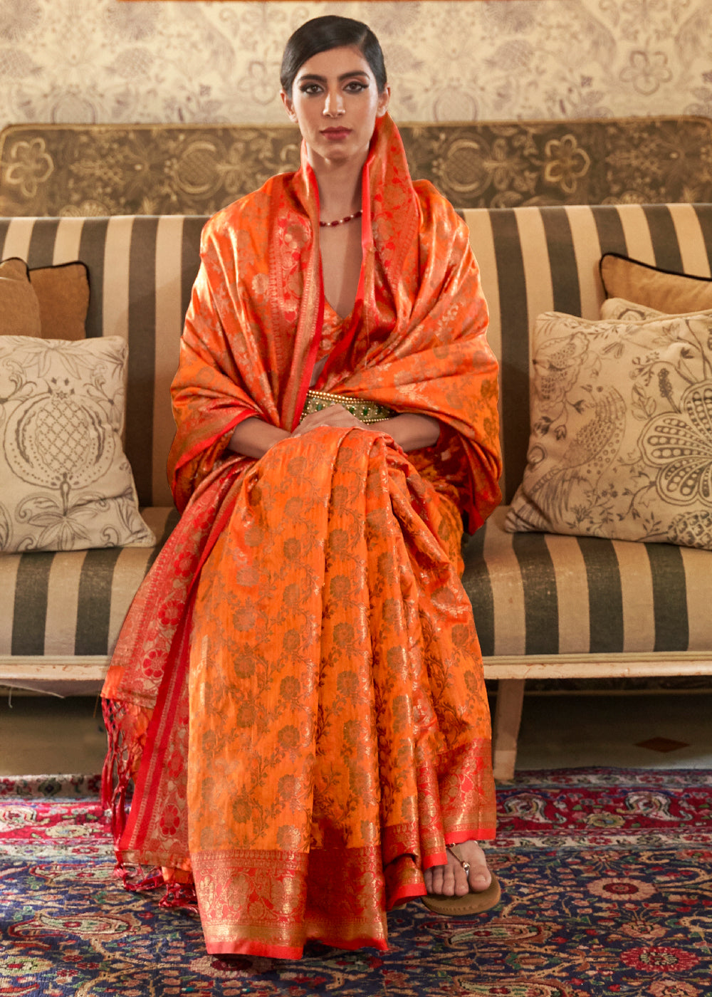 Orange Woven Tussar Silk Saree With Brocade Blouse