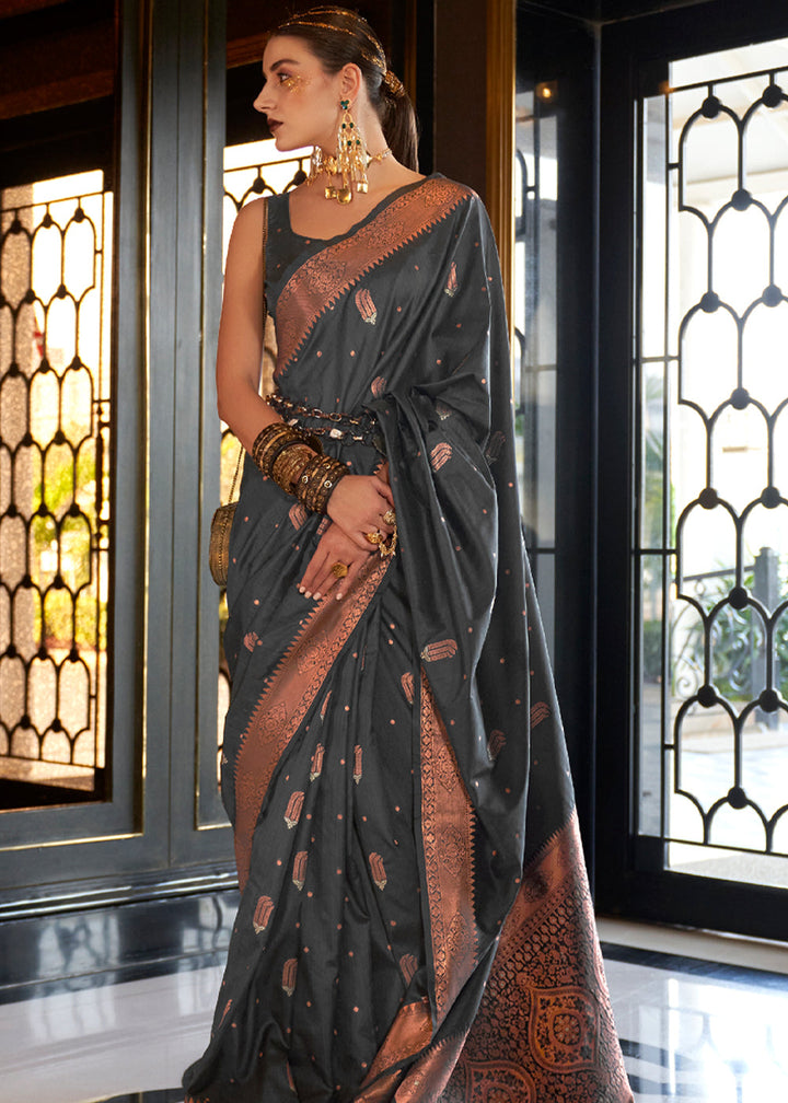 Charcoal Grey Zari Handloom Woven Tussar Silk Saree