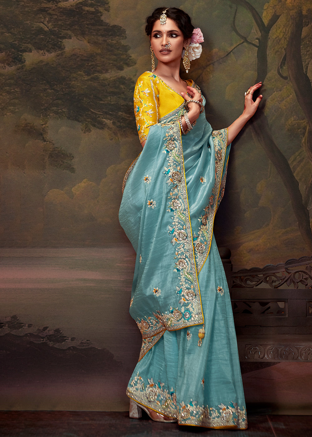 Aruba Blue Heavy Embroidered Designer Silk Saree