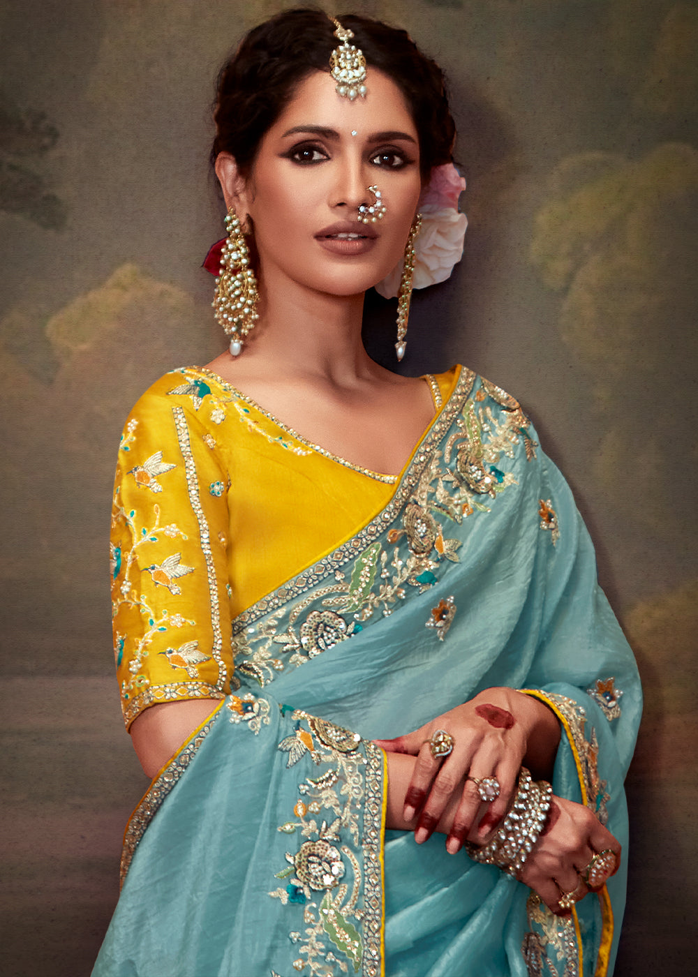 Aruba Blue Heavy Embroidered Designer Silk Saree