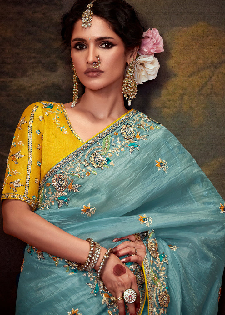 Aruba Blue Heavy Embroidered Designer Silk Saree