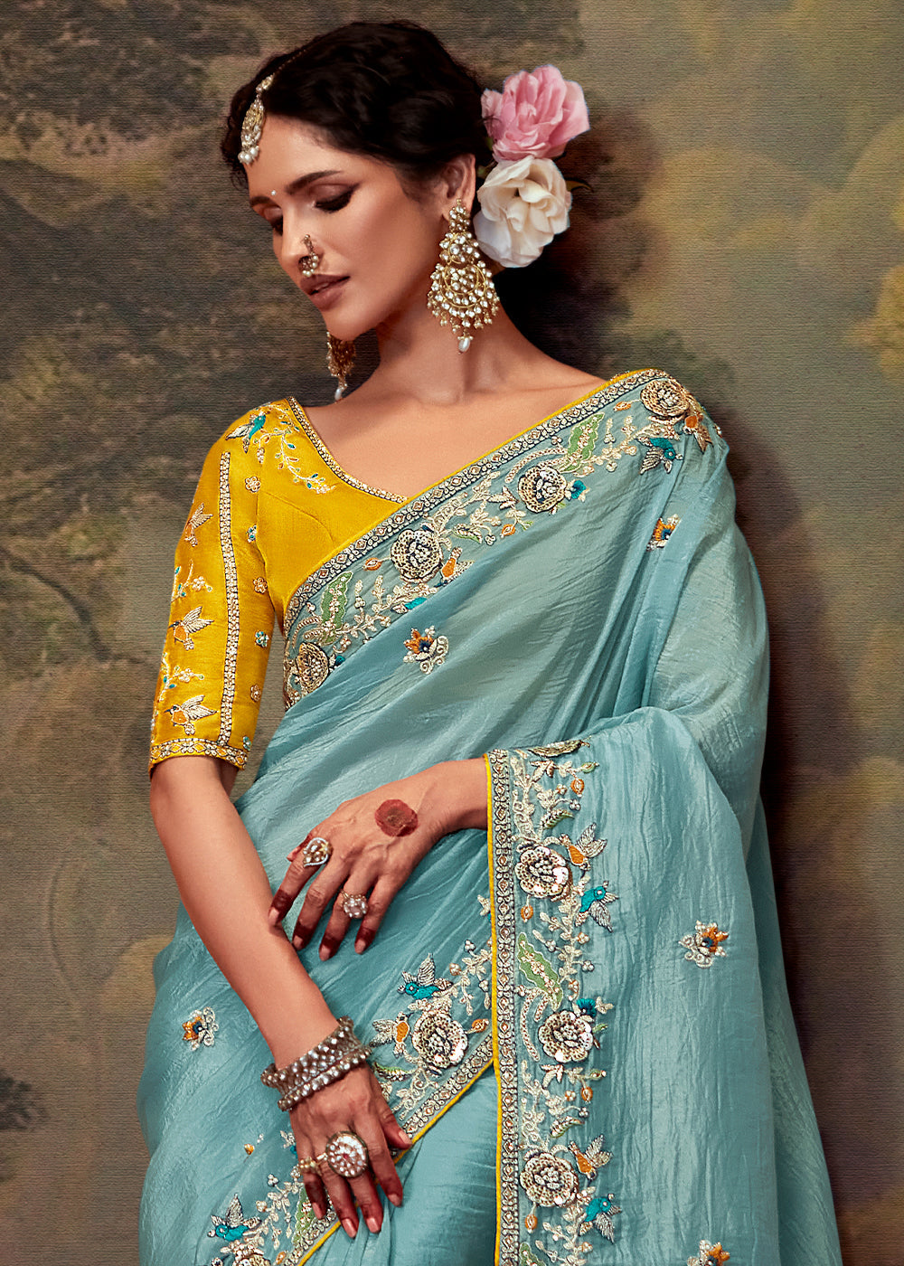 Aruba Blue Heavy Embroidered Designer Silk Saree