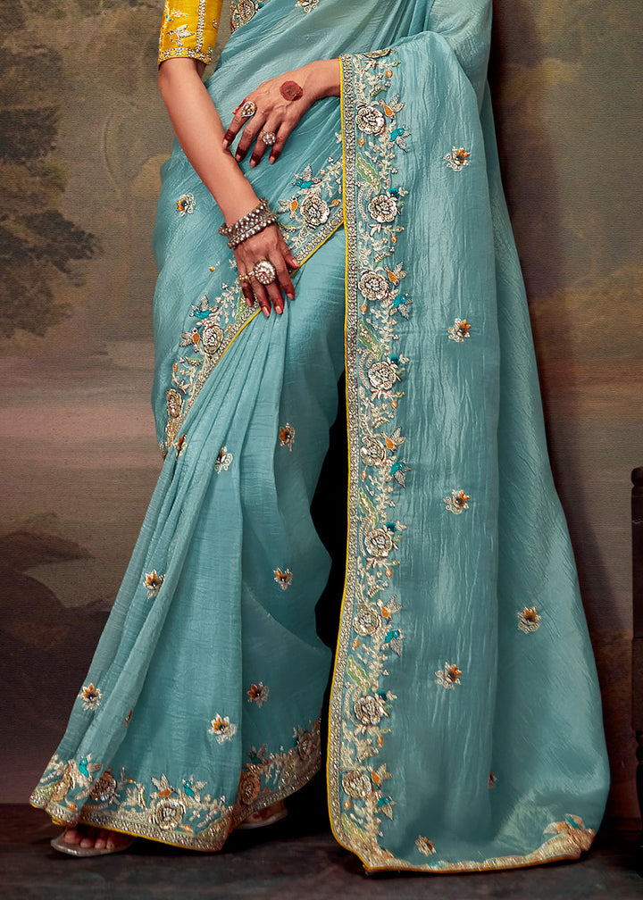 Aruba Blue Heavy Embroidered Designer Silk Saree