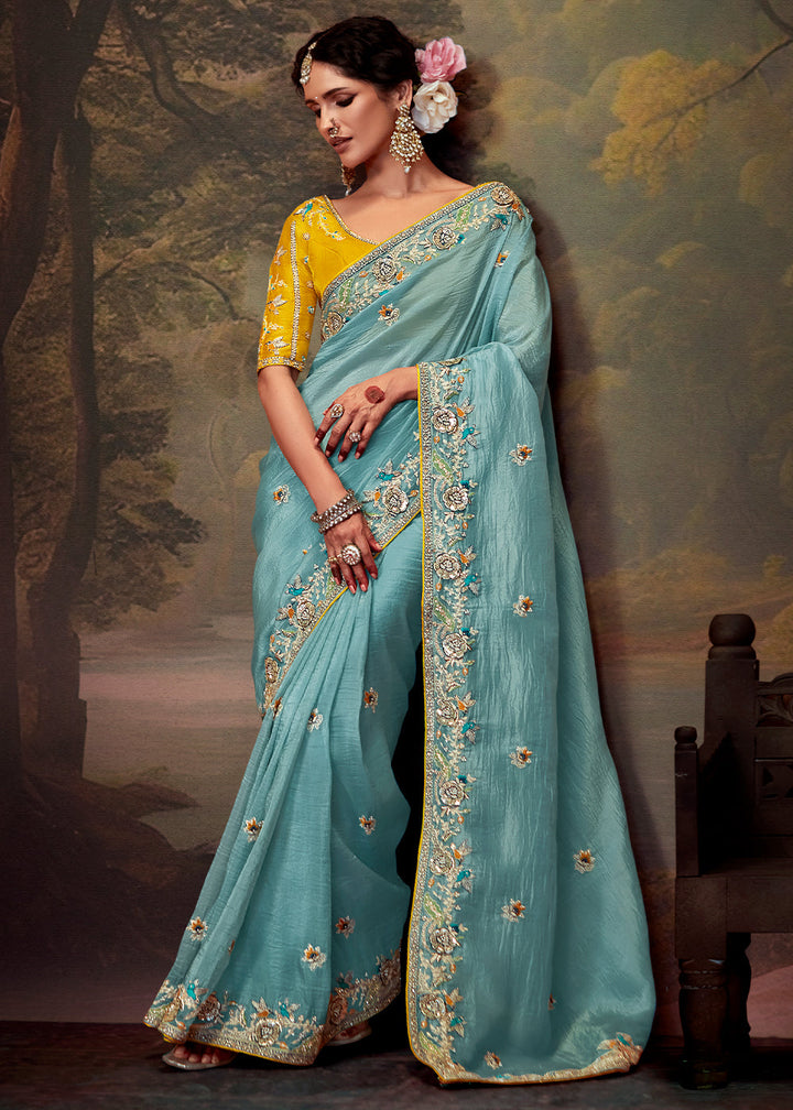 Aruba Blue Heavy Embroidered Designer Silk Saree