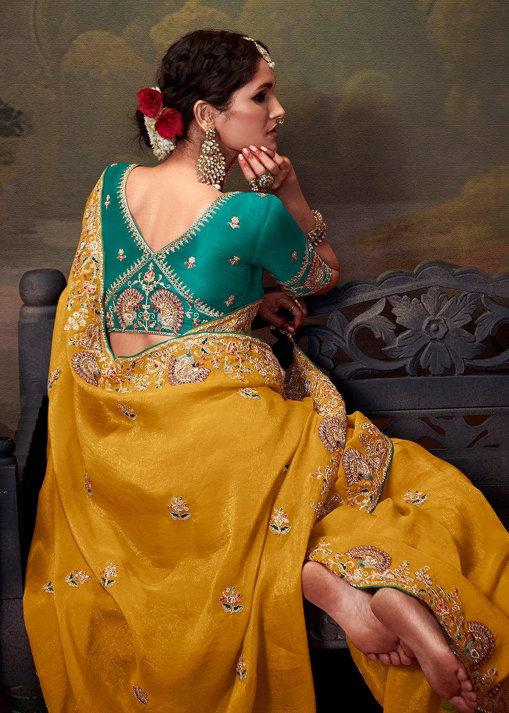 Dusky Yellow Heavy Embroidered Designer Silk Saree