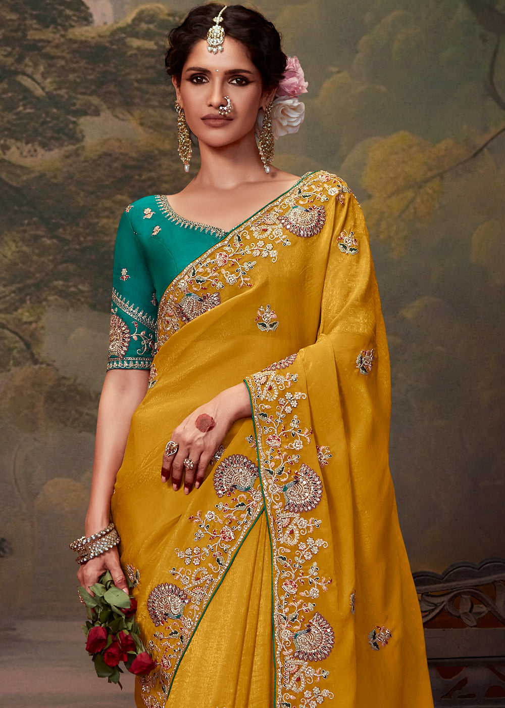 Dusky Yellow Heavy Embroidered Designer Silk Saree