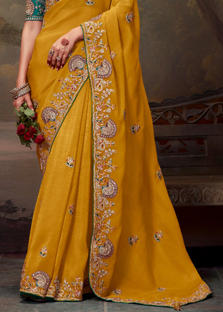 Dusky Yellow Heavy Embroidered Designer Silk Saree