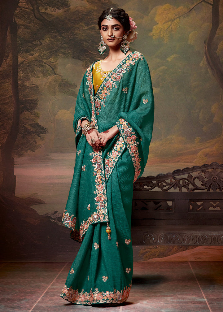 Teal Green Heavy Embroidered Designer Silk Saree