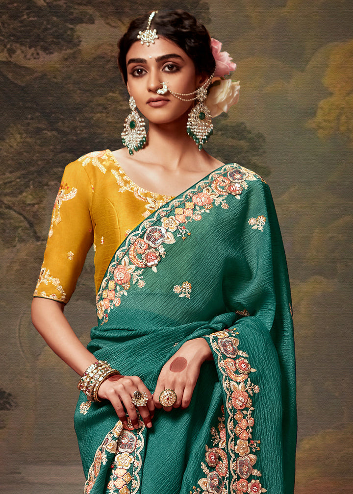 Teal Green Heavy Embroidered Designer Silk Saree