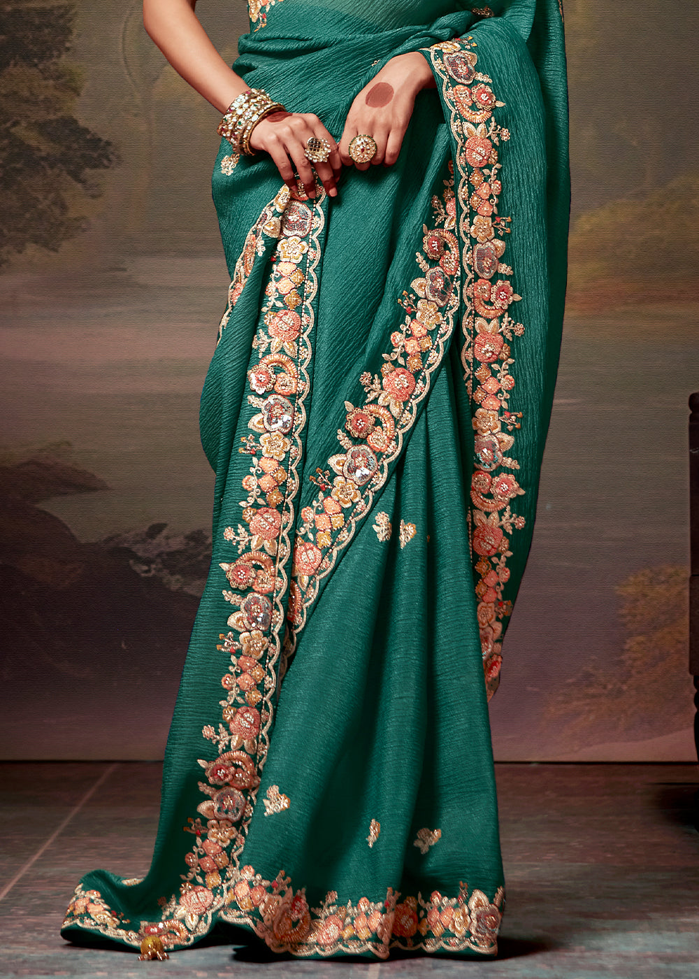 Teal Green Heavy Embroidered Designer Silk Saree