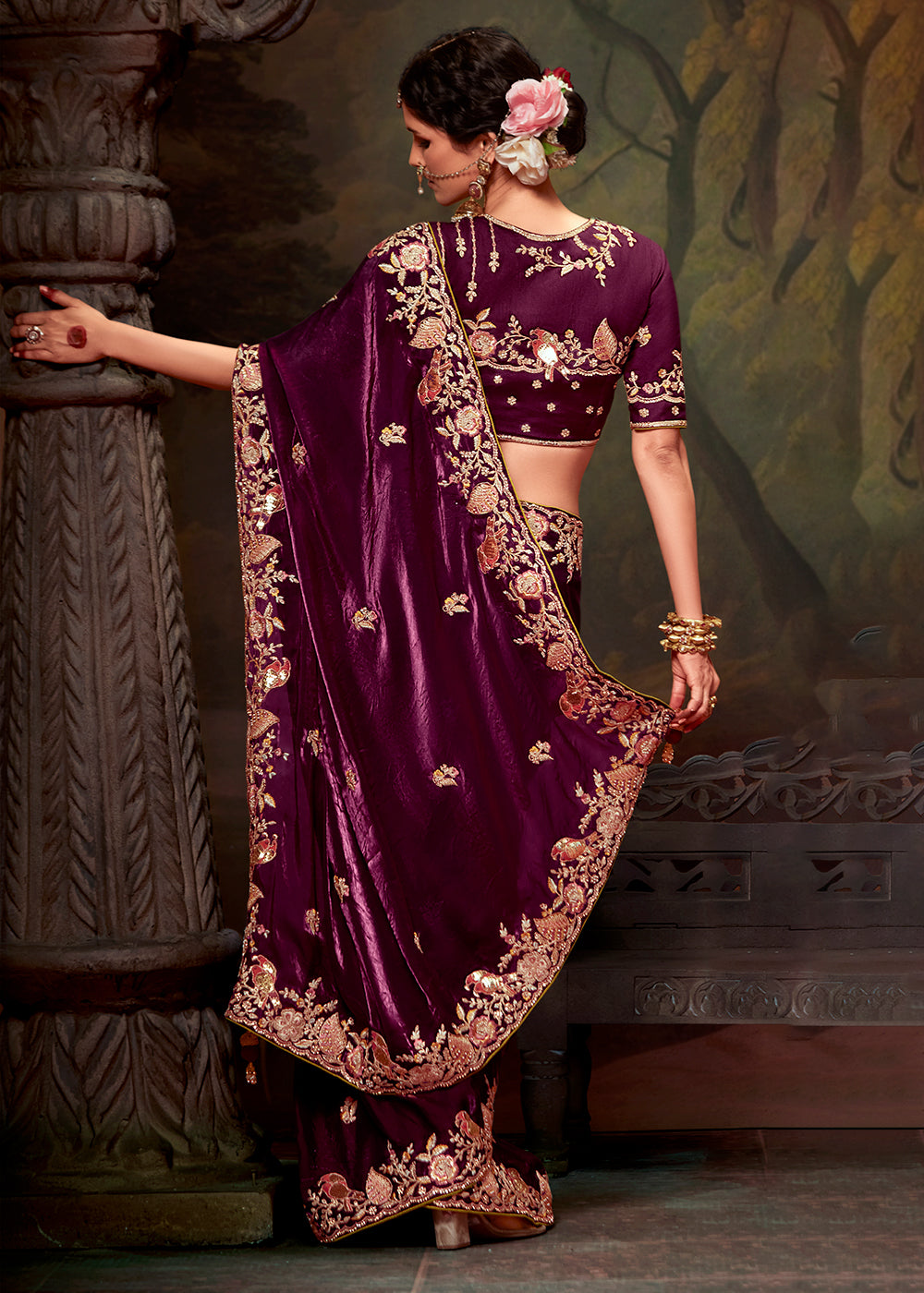 Plum Purple Heavy Embroidered Designer Silk Saree