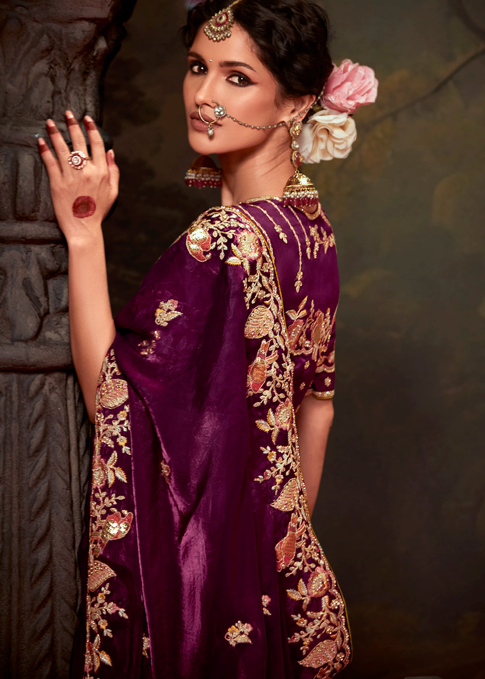 Plum Purple Heavy Embroidered Designer Silk Saree