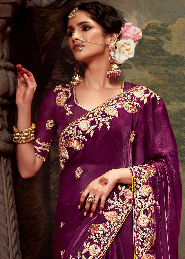 Plum Purple Heavy Embroidered Designer Silk Saree