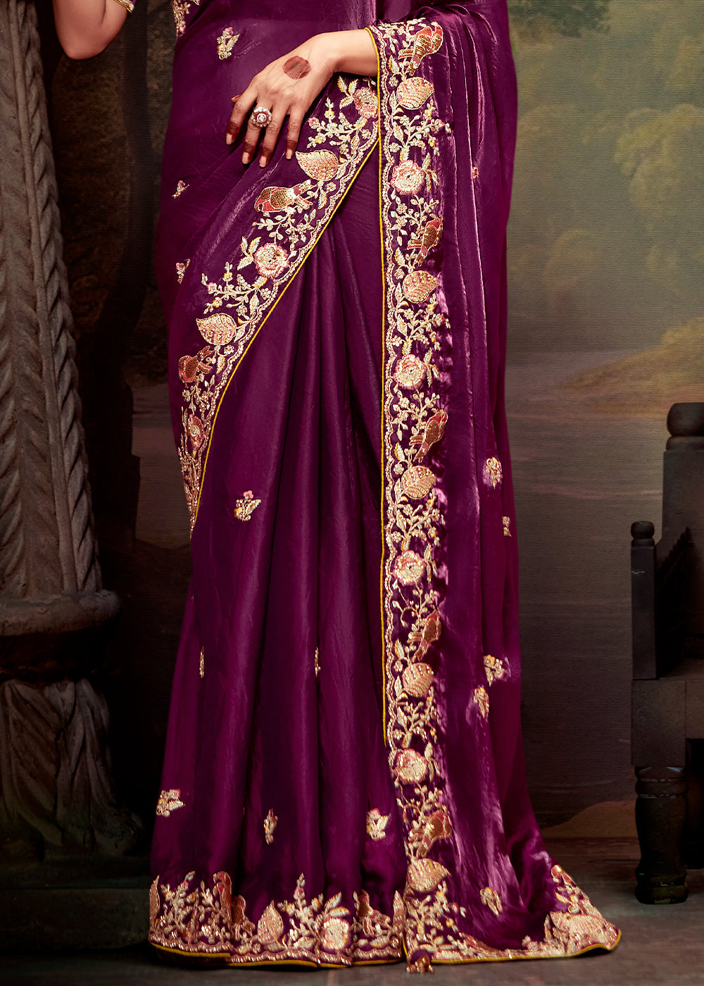 Plum Purple Heavy Embroidered Designer Silk Saree