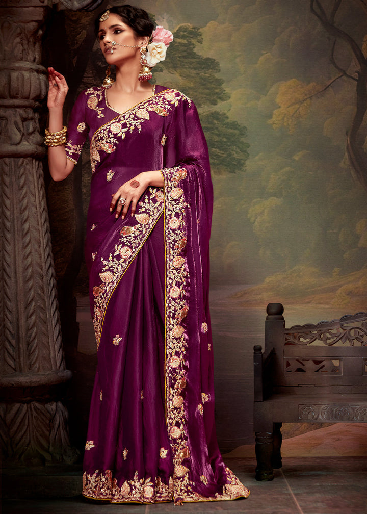 Plum Purple Heavy Embroidered Designer Silk Saree