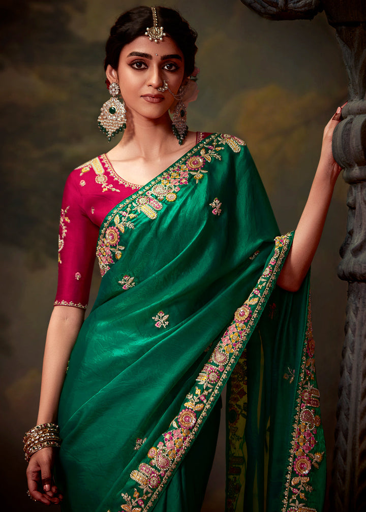 Forest Green Heavy Embroidered Designer Silk Saree