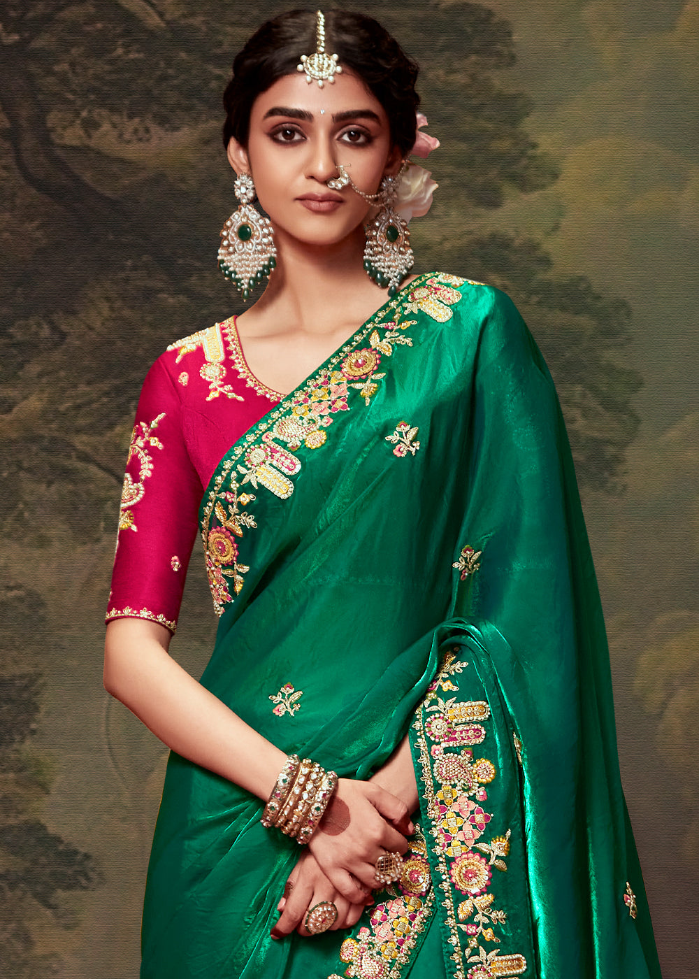 Forest Green Heavy Embroidered Designer Silk Saree