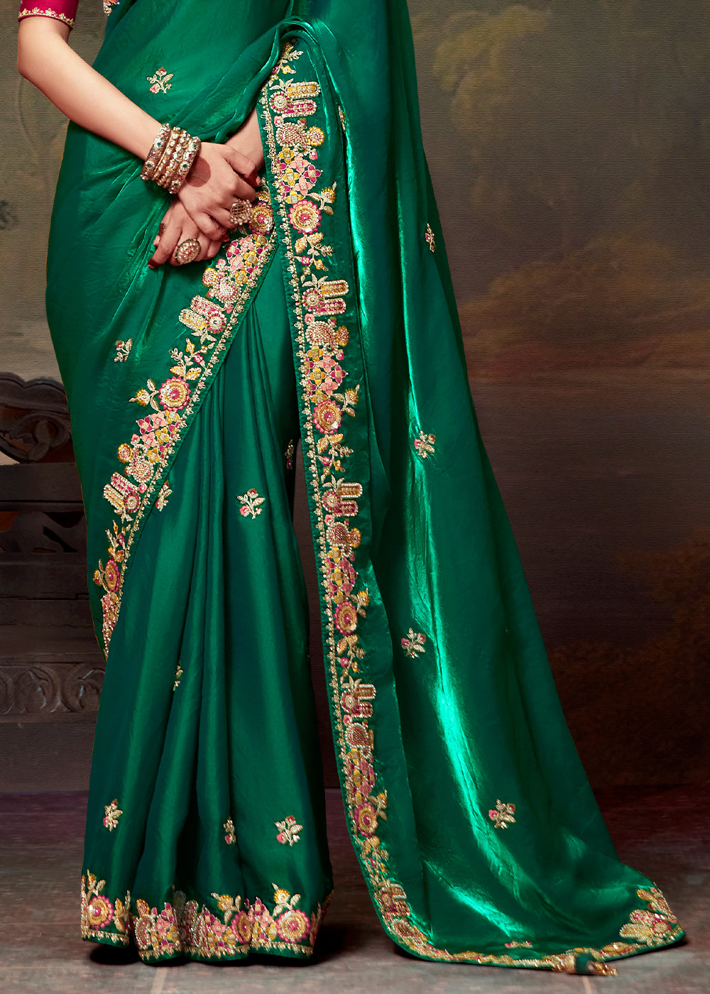 Forest Green Heavy Embroidered Designer Silk Saree