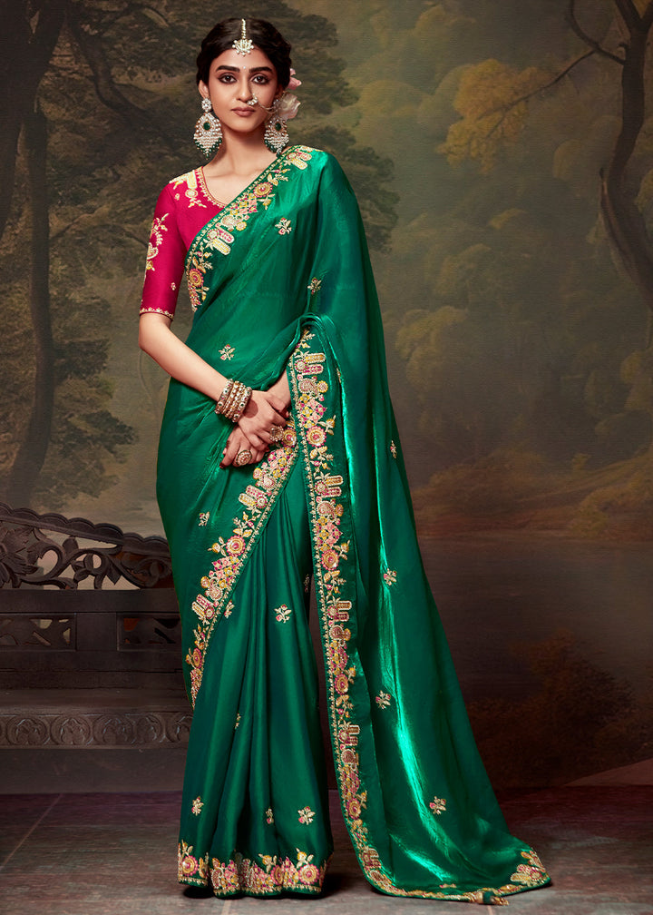 Forest Green Heavy Embroidered Designer Silk Saree