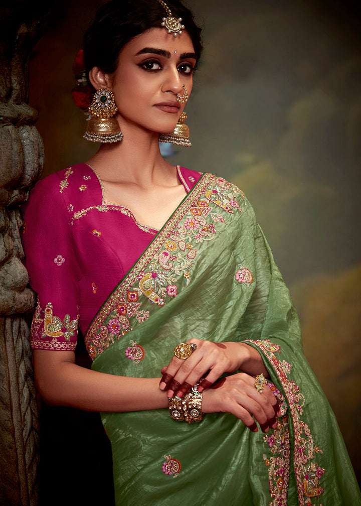 Mint Green Heavy Embroidered Designer Silk Saree