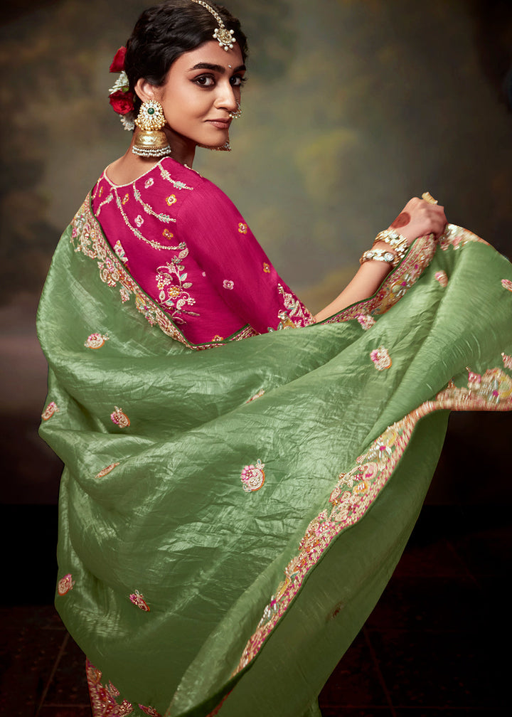 Mint Green Heavy Embroidered Designer Silk Saree